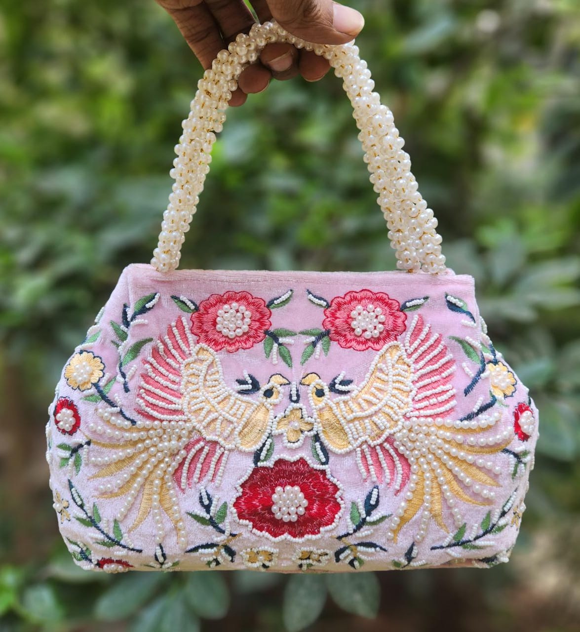 Bird embroidery handwork potli with pearl handle
