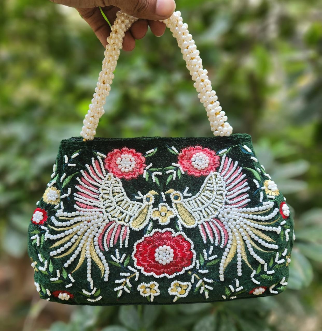 Bird embroidery handwork potli with pearl handle