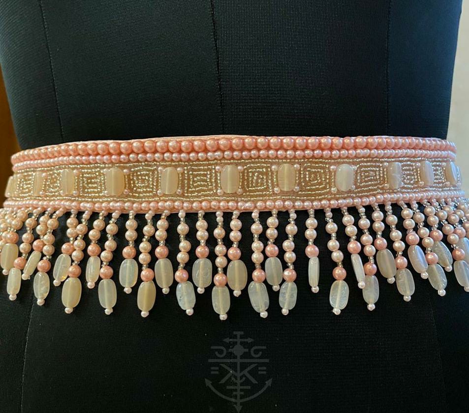 Peach and golden pearl work waistbelt with tassels