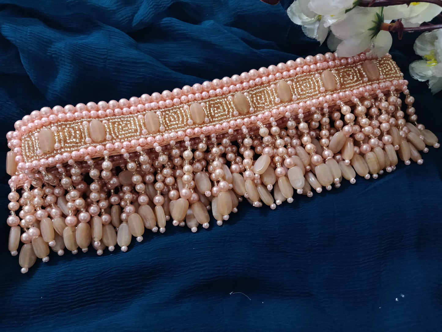 Peach and golden pearl work waistbelt with tassels