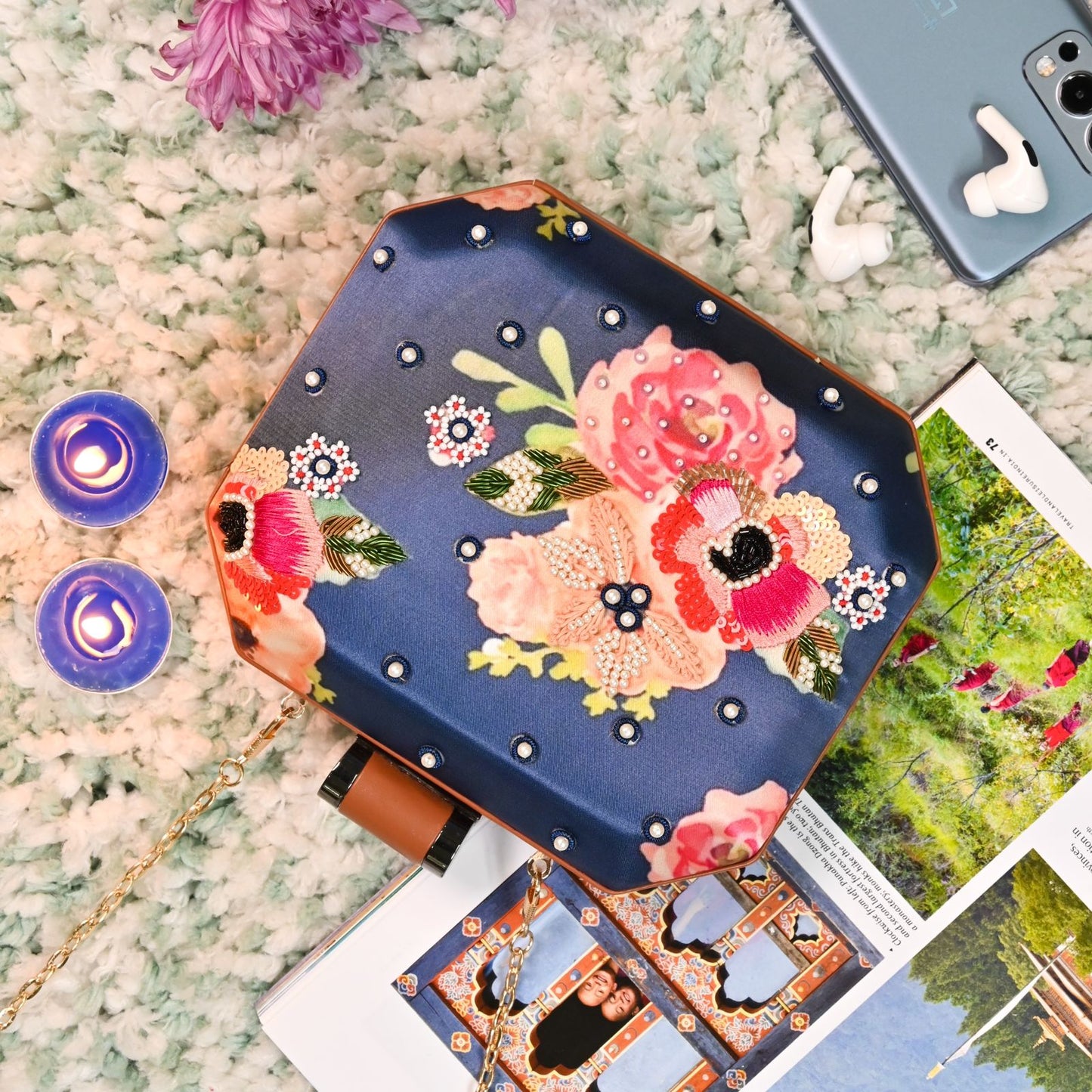 Blue printed clutch with peach sequins & embroidered flower