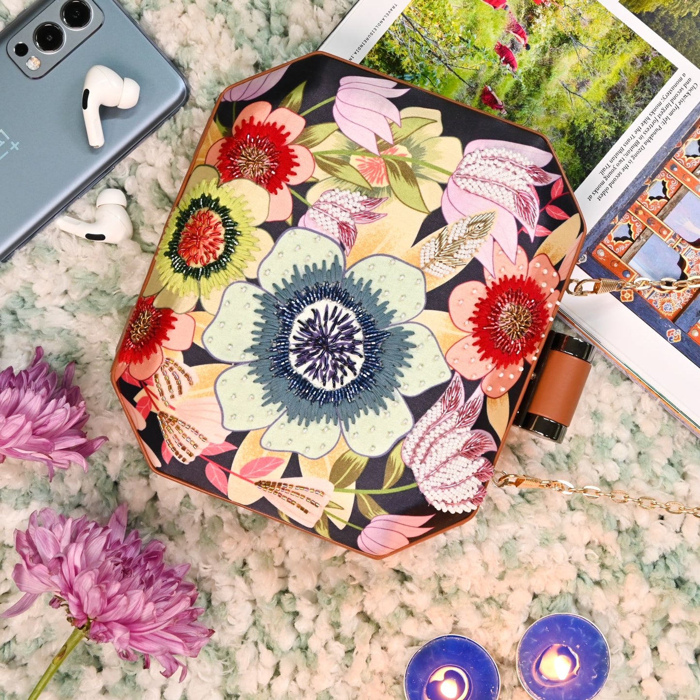 Multicolor printed clutch with sequins & floral embroidery work