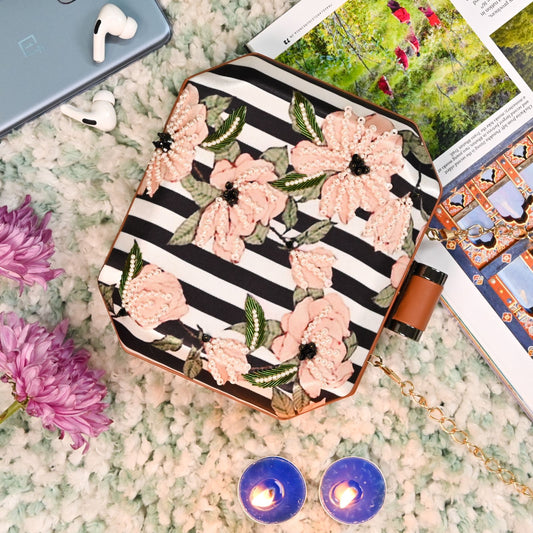 Black stripes printed clutch with peach sequins & embroidery work