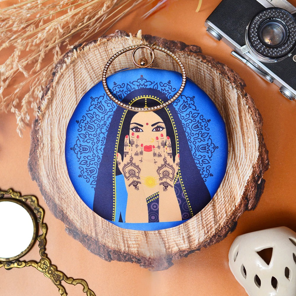 Blue Indian women print round clutch with bangle handle