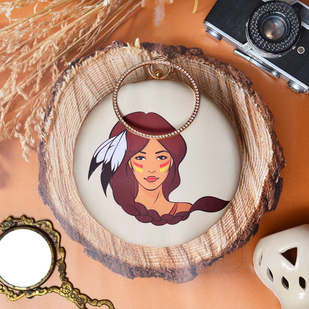 Beige tribal women with feather print round clutch with bangle handle