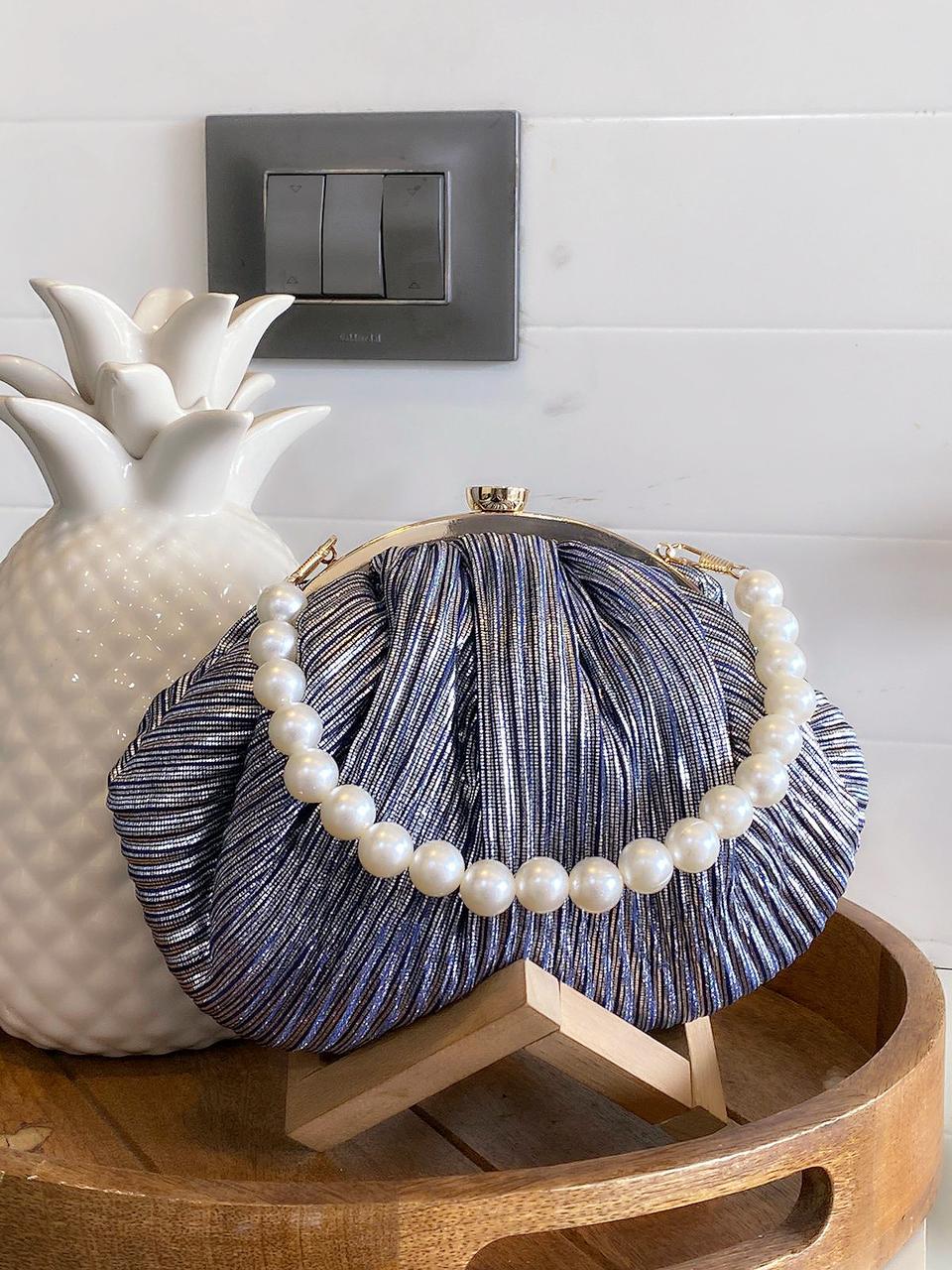 Hologram Metallic shine pleated batua with pearl handle