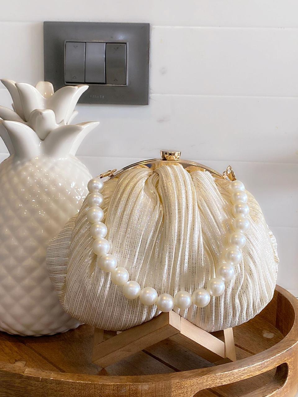 Hologram Metallic shine pleated batua with pearl handle