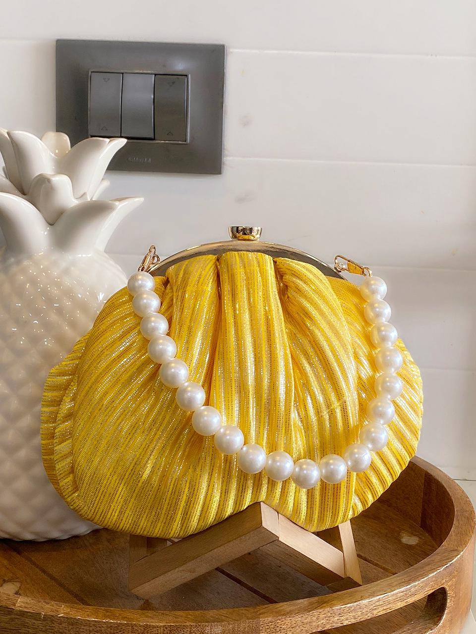 Hologram Metallic shine pleated batua with pearl handle