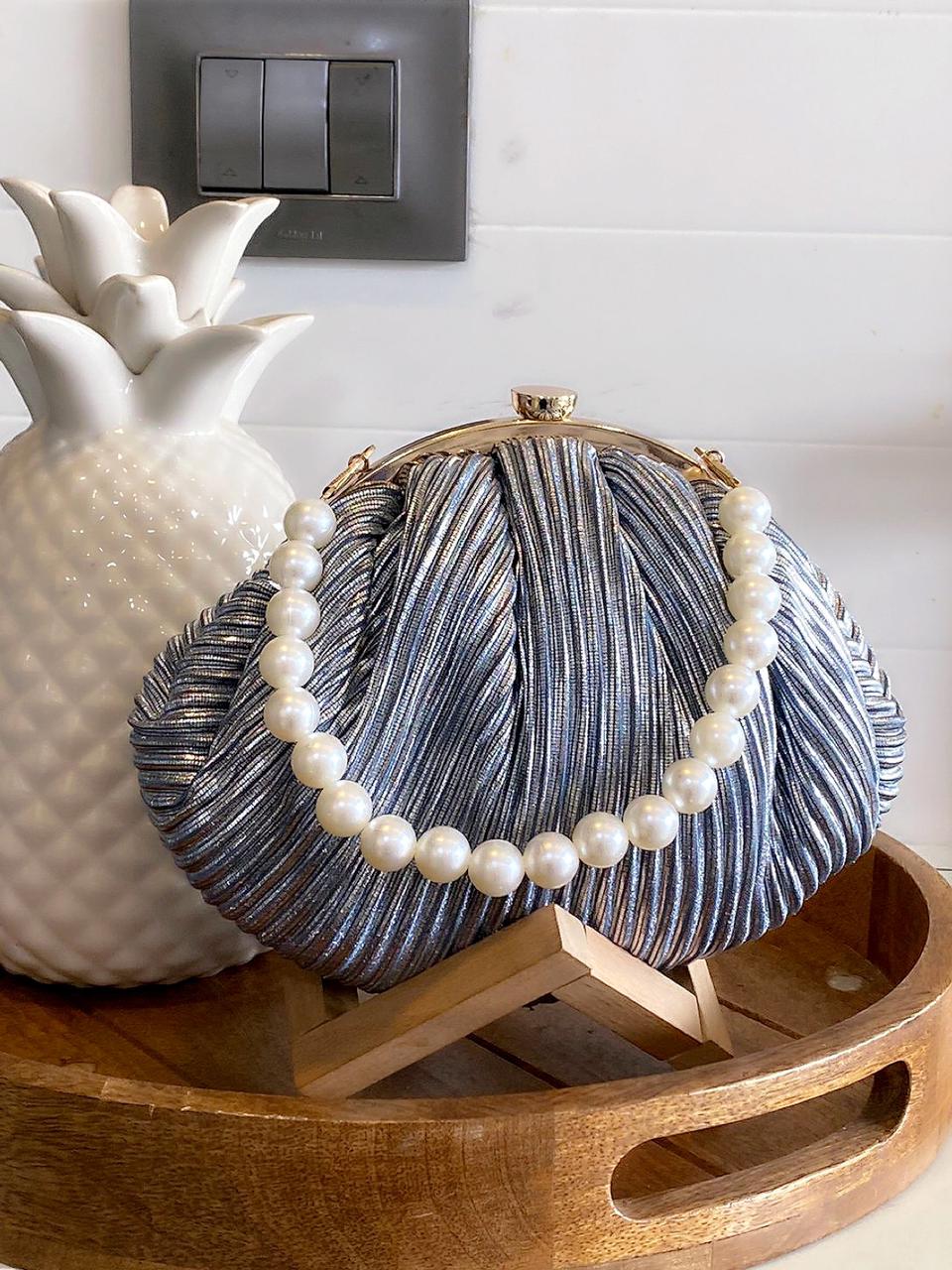 Hologram Metallic shine pleated batua with pearl handle