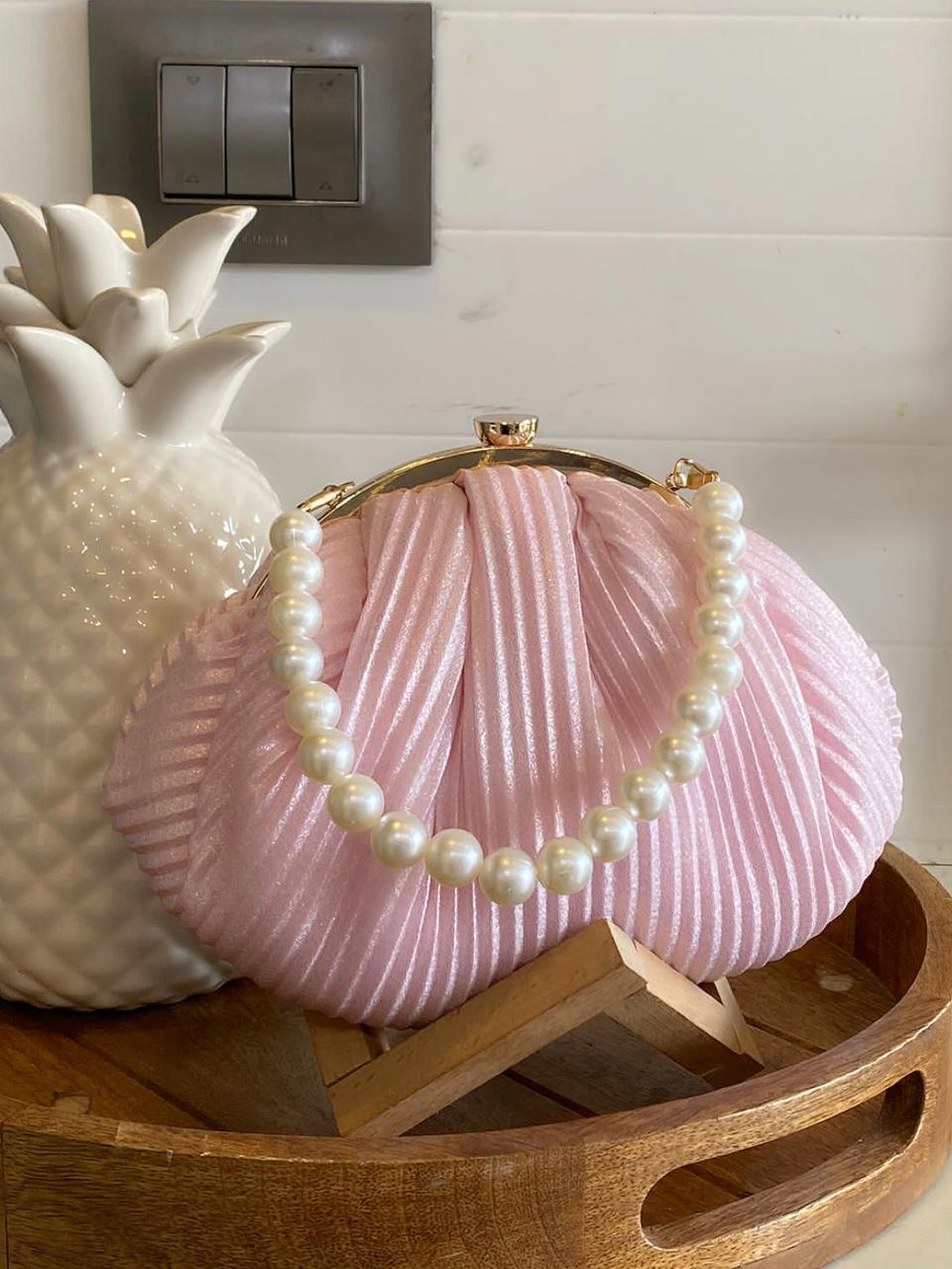 Hologram Metallic shine pleated batua with pearl handle