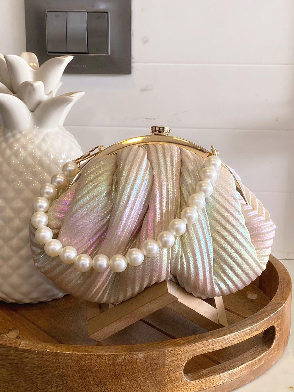 Hologram Metallic shine pleated batua with pearl handle