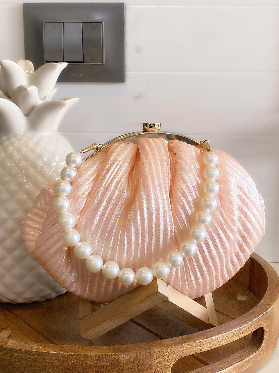 Hologram Metallic shine pleated batua with pearl handle