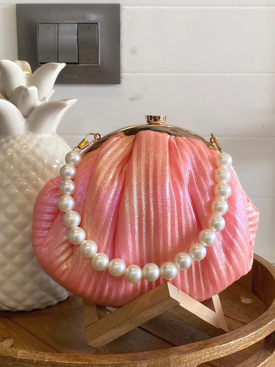 Hologram Metallic shine pleated batua with pearl handle