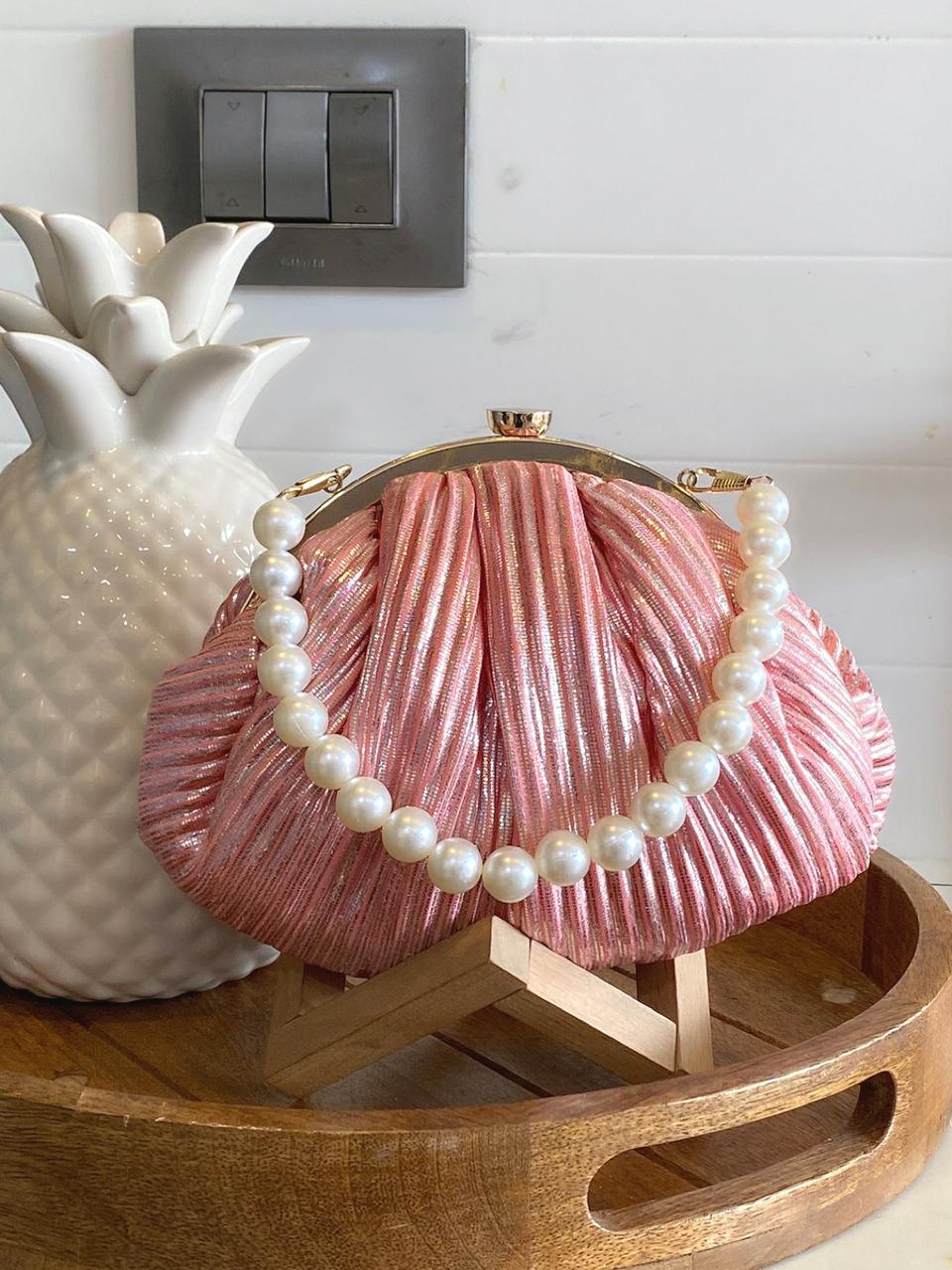 Hologram Metallic shine pleated batua with pearl handle