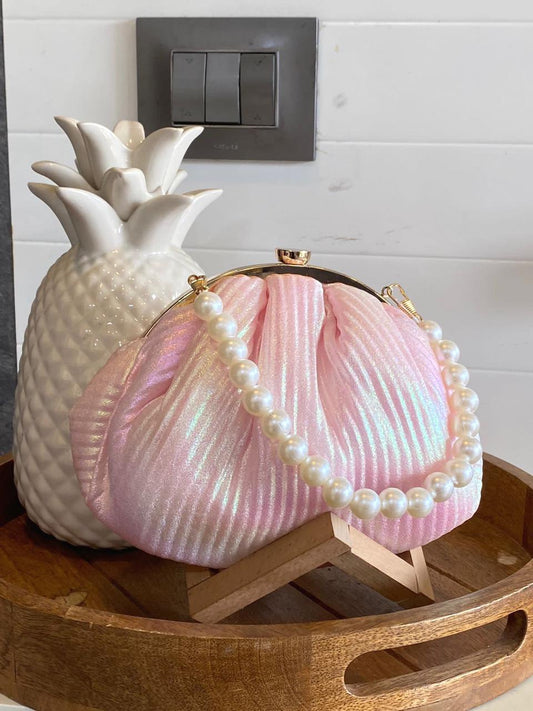 Hologram Metallic shine pleated batua with pearl handle