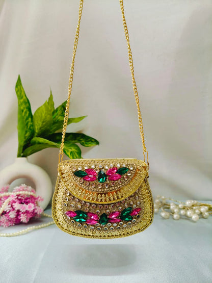 MINI kundan work brass clutch