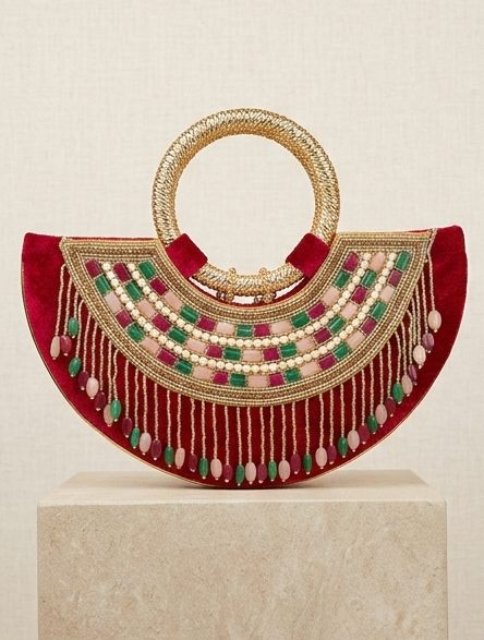 Moon clutch with golden handle and tassels