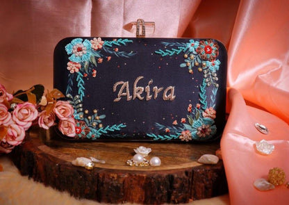 Black classy customised handwork on printed clutch