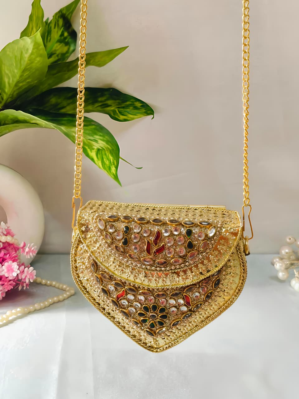MINI kundan work brass clutch