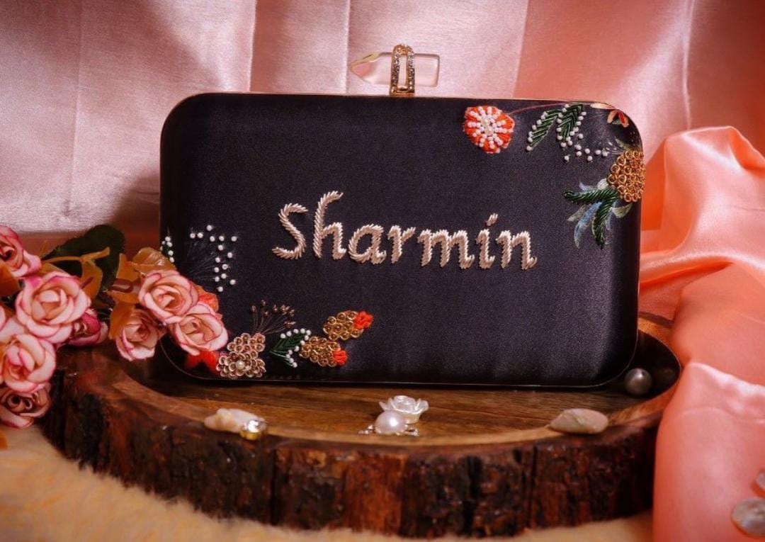 Black classy customised handwork on printed clutch