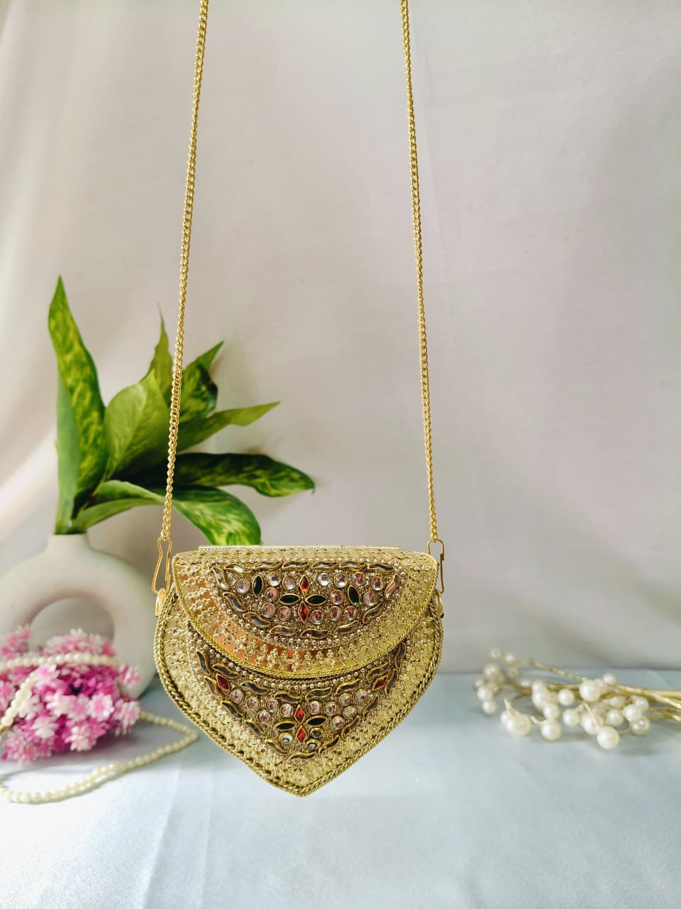 MINI kundan work brass clutch