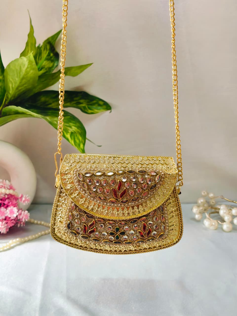 MINI kundan work brass clutch