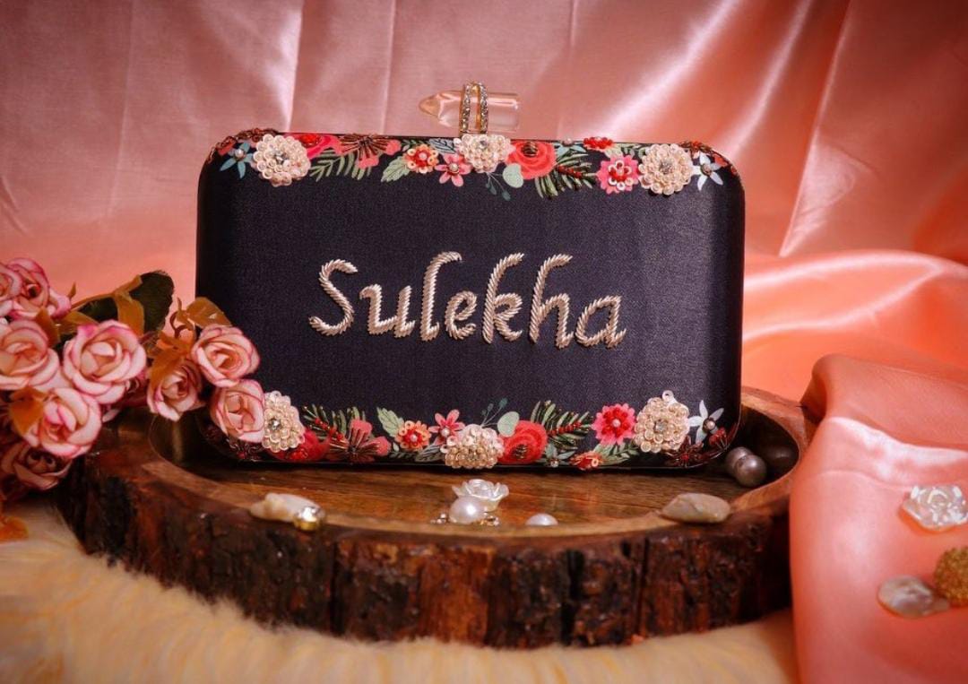 Black classy customised handwork on printed clutch