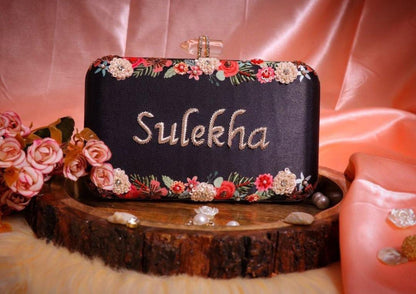 Black classy customised handwork on printed clutch