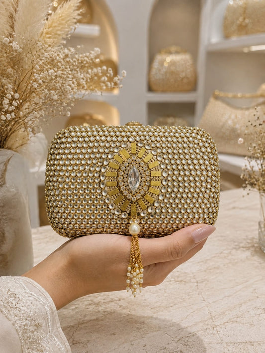 Vintage Jewel Clutch with white stone & tassel