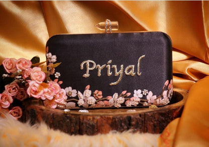 Black classy customised handwork on printed clutch