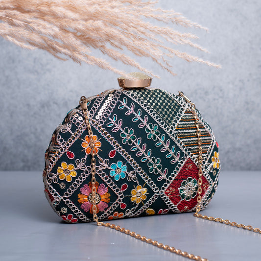 D shape designer fabric embroidery clutch