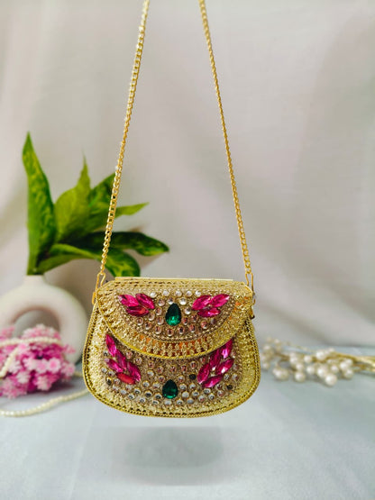 MINI kundan work brass clutch