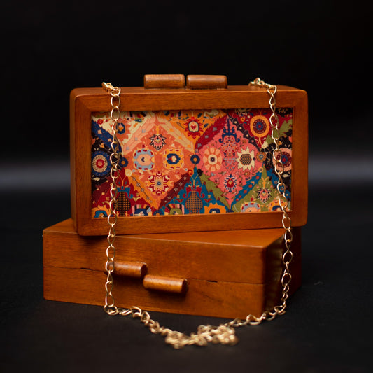 Abstract multicolor printed wooden clutch