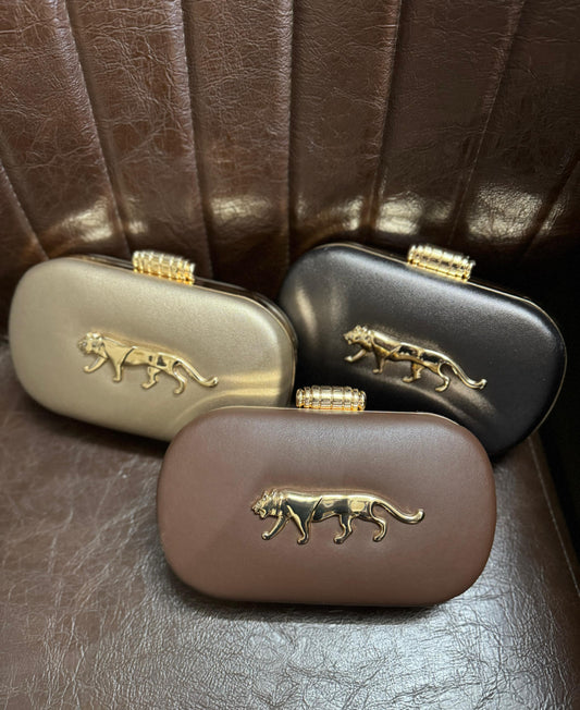 Metal Jaguar Embellished Suede Clutch bag - Without Brand box