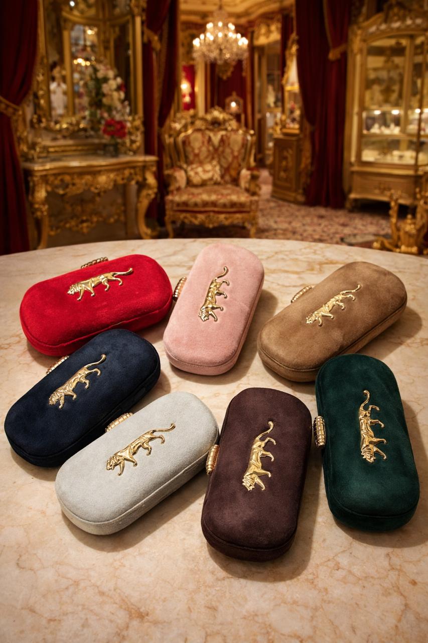 Long jaguar Metal Embellished Suede Covering Clutch bag