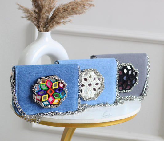 Denim Flap Bags With Mirror Work - Navratri special