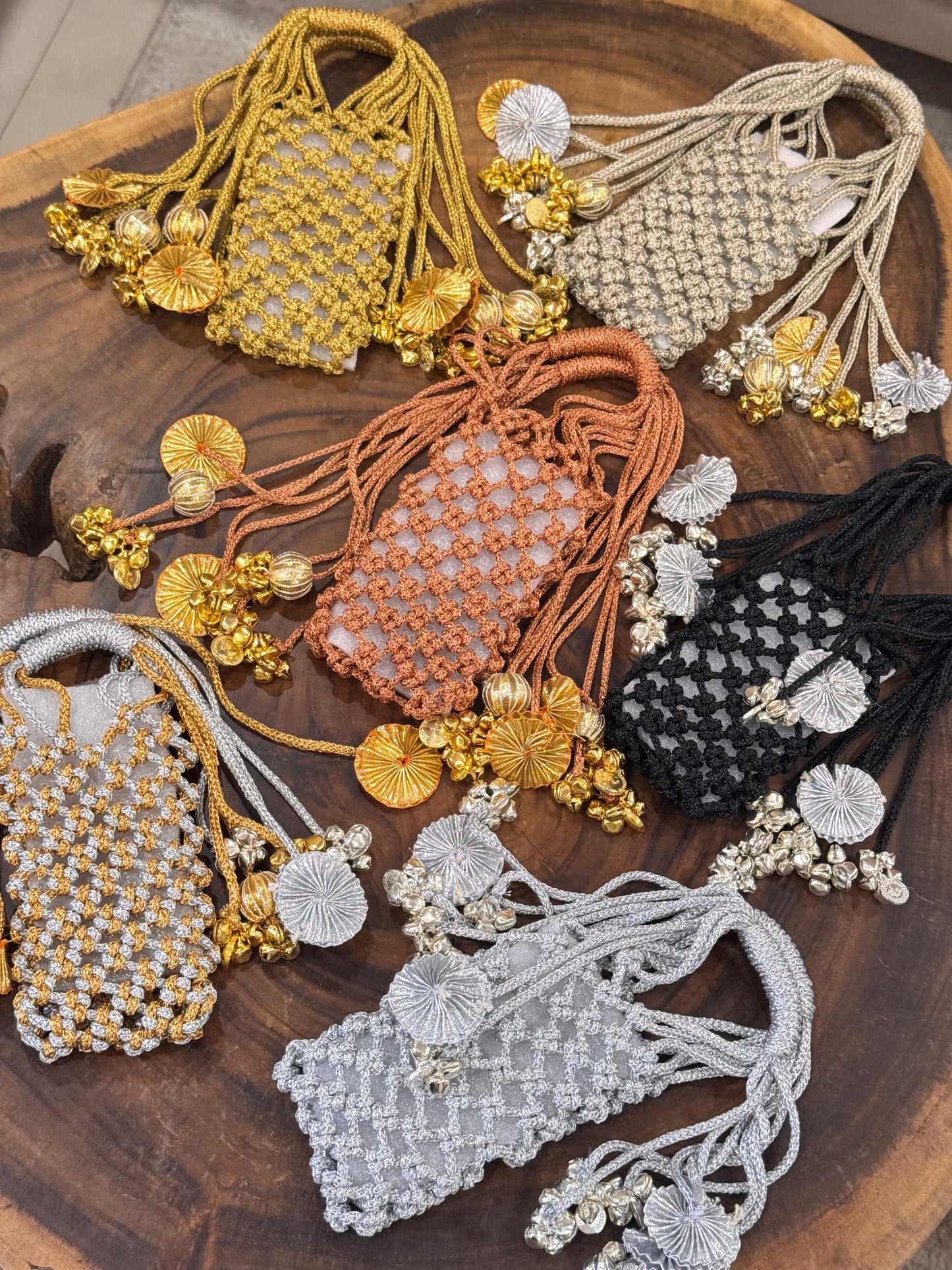 JHOOMAR handcrafted zari dori macramé phone case bags