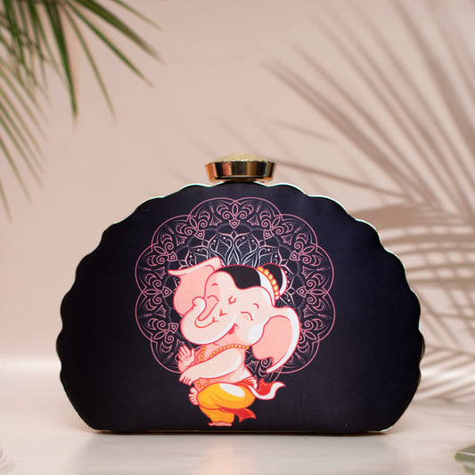 D-Frame Bal Ganesha black printed clutch