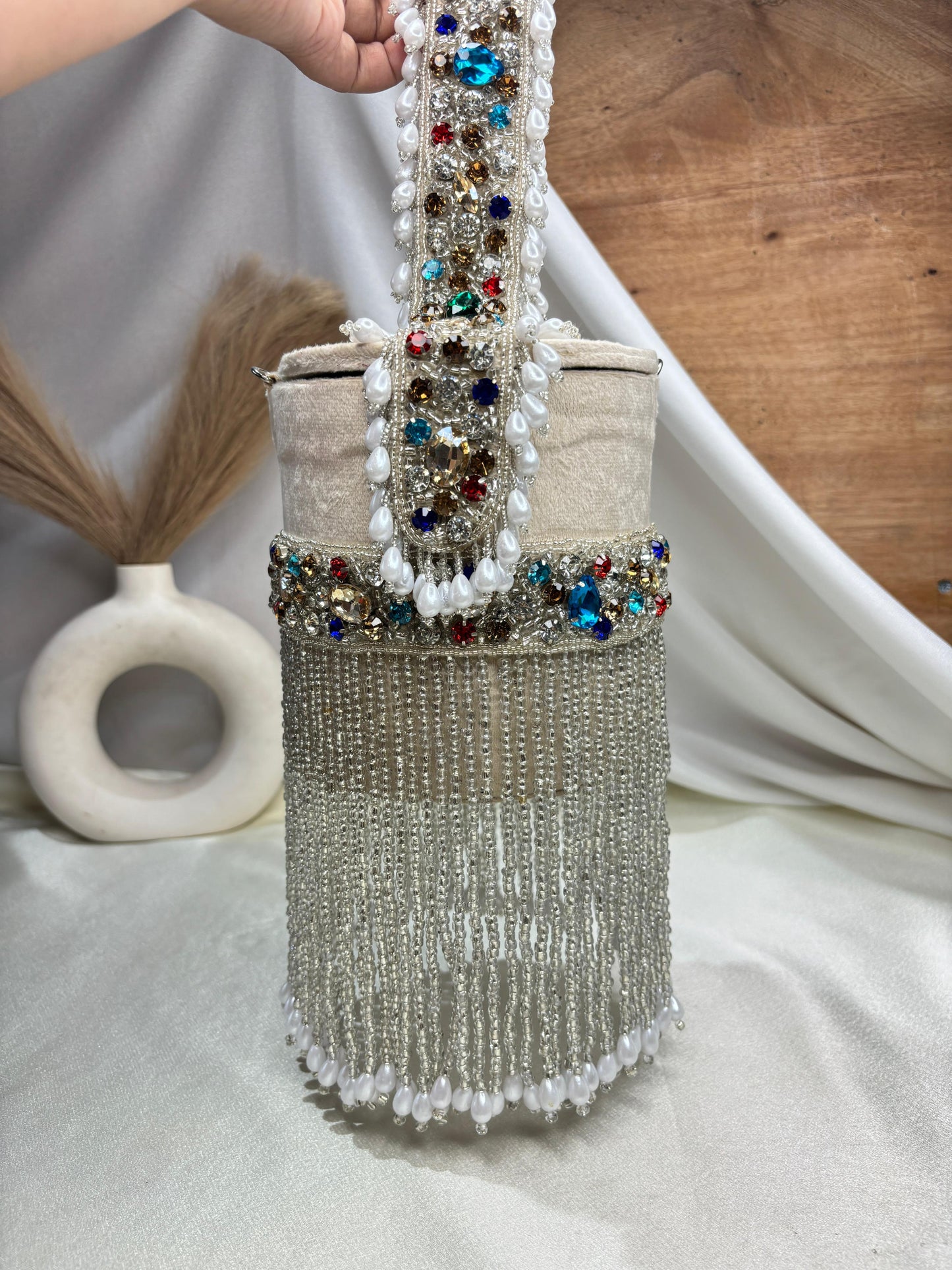 Bucket bag with crystal work