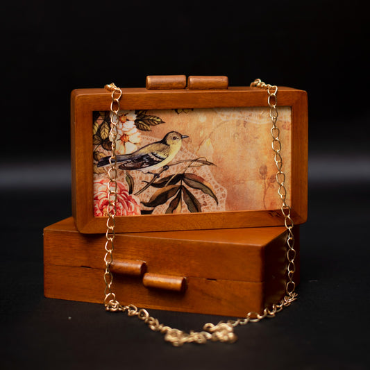 Bird printed yellow wooden clutch