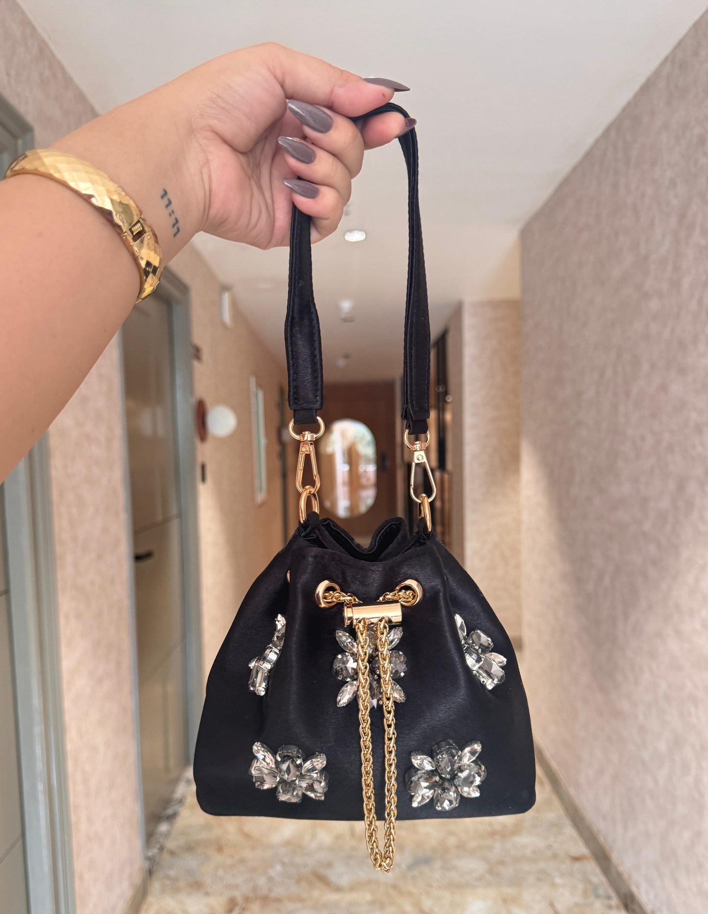 Satin Bucket Bags with Crystals