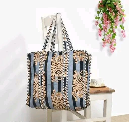 Grey black jungle safari print handmade quilted tote bag