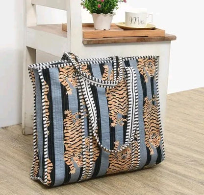 Grey black jungle safari print handmade quilted tote bag