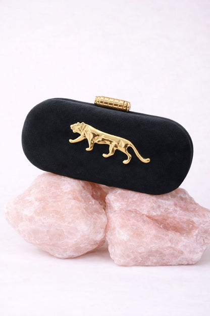 Long jaguar Metal Embellished Suede Covering Clutch bag