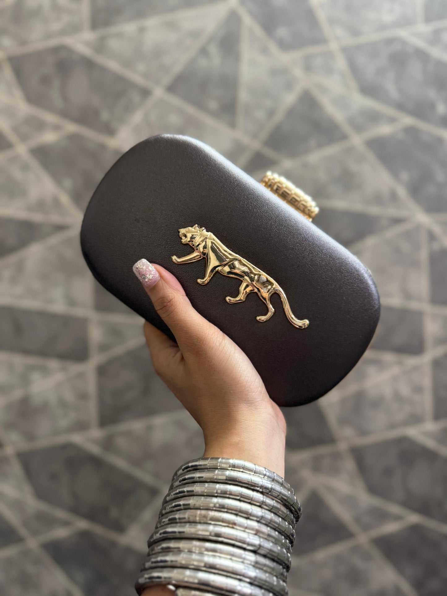 Metal Jaguar Embellished Suede Clutch bag - Without Brand box