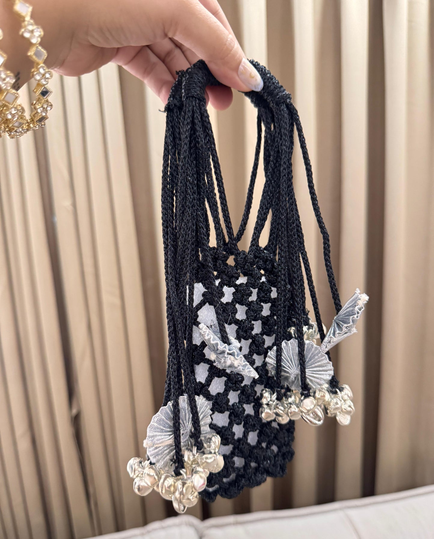 JHOOMAR handcrafted zari dori macramé phone case bags
