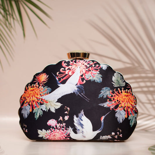 D-Frame crane black printed clutch