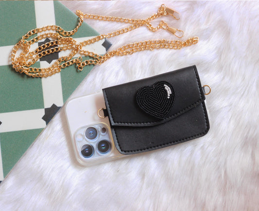 Black personalized Phone case & Card holder slings - Black heart