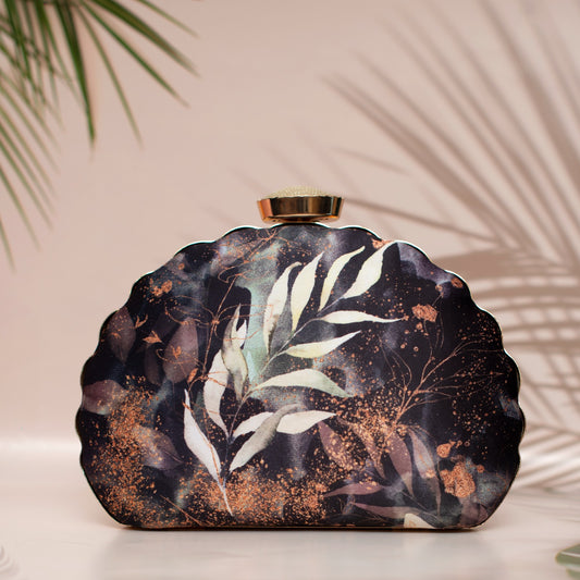 D-Frame smokey white leaves black printed clutch