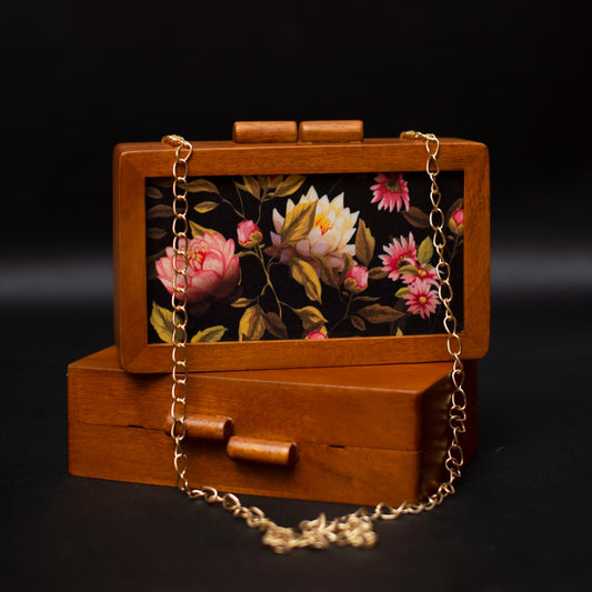 Lotus printed black wooden clutch